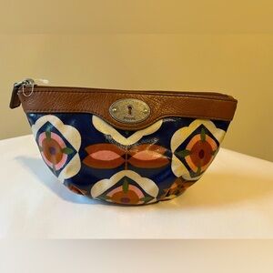 Fossil Key-Per small coated canvas and leather zip top makeup up boho fun EUC